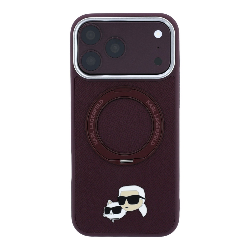 Karl Lagerfeld PU Grained K&CH Heads Ring Stand Magsafe Zadní Kryt pro iPhone 18 Pro Burgundy