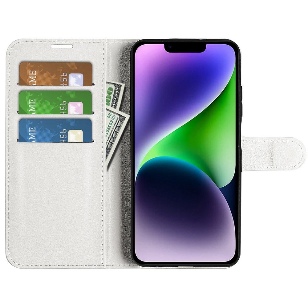 Litchi knížkové pouzdro na iPhone 15 Plus - bílé