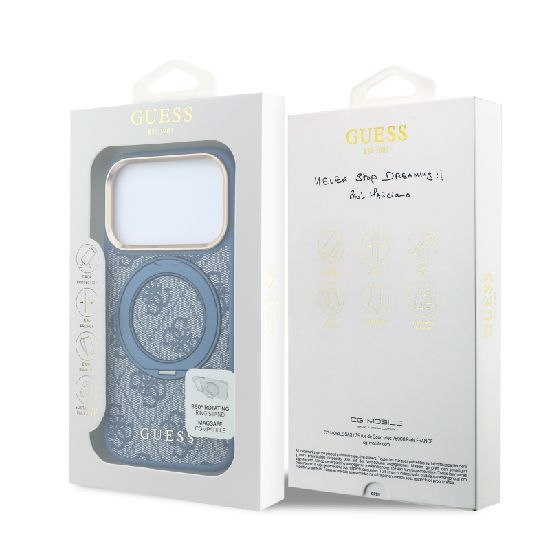 Guess PU 4G Ring Stand MagSafe Zadní Kryt pro iPhone 18 Pro Blue