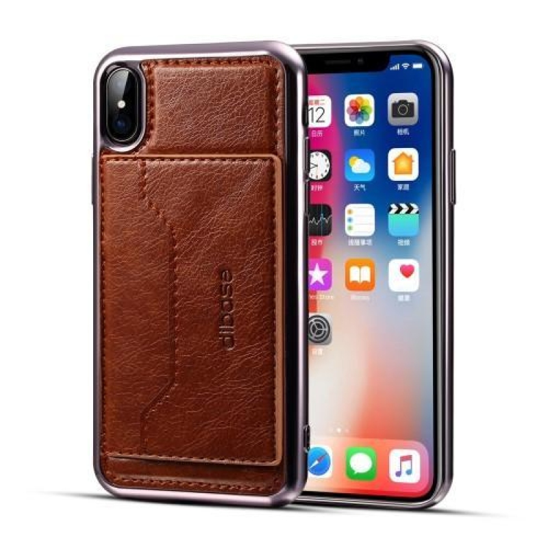 Diba gelový obal s PU koženými zády a funkcí stojánku na iPhone X - coffee