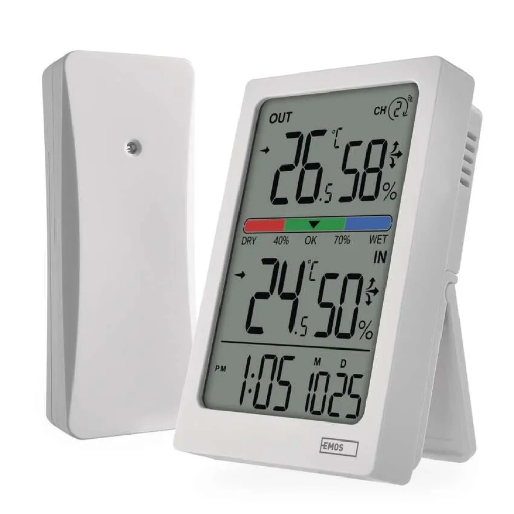 Digitální teploměr s vlhkoměrem, bezdrátové čidlo, budík, datum E0558W