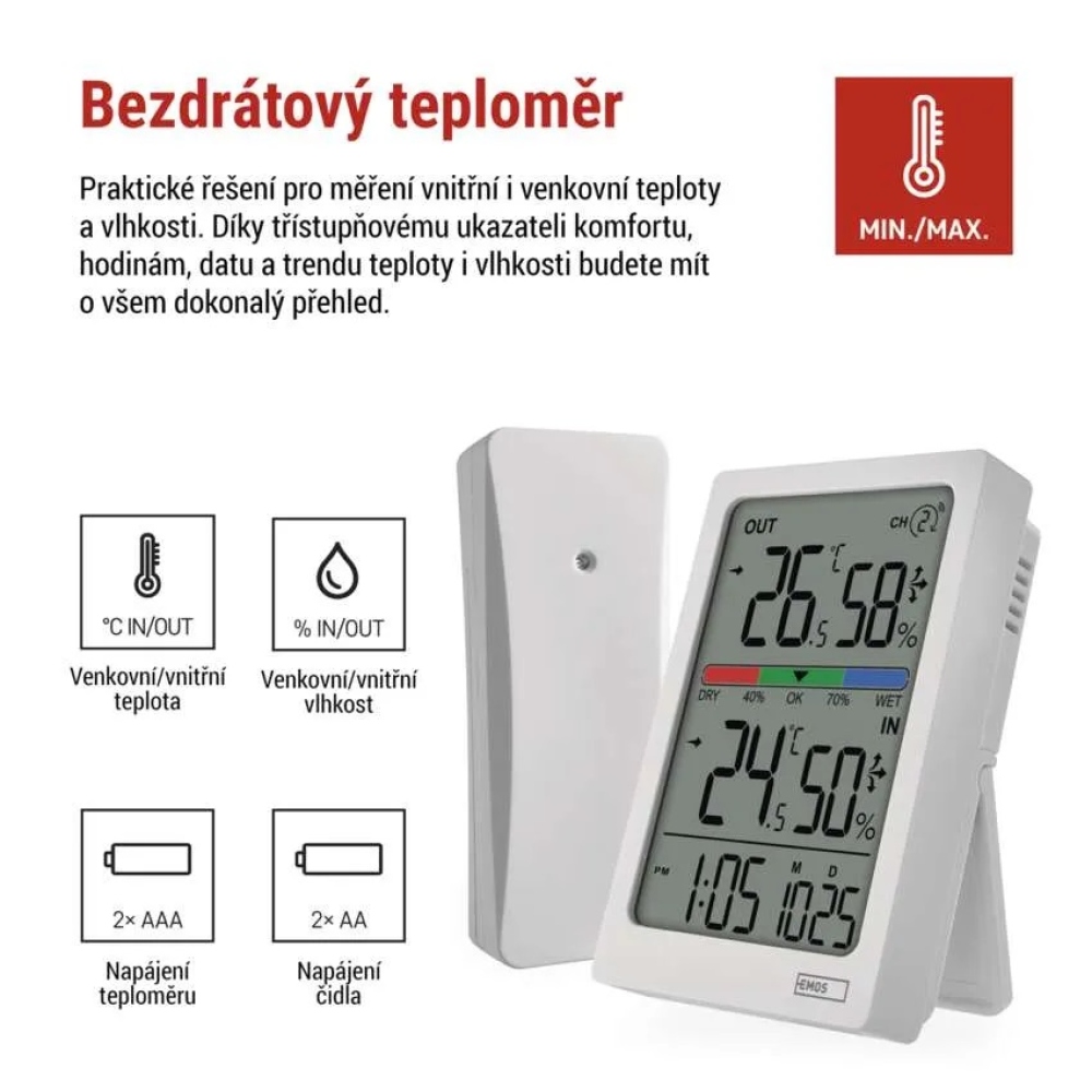 Digitální teploměr s vlhkoměrem, bezdrátové čidlo, budík, datum E0558W