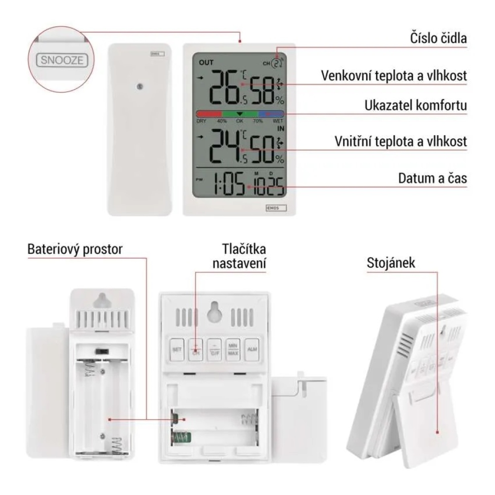 Digitální teploměr s vlhkoměrem, bezdrátové čidlo, budík, datum E0558W
