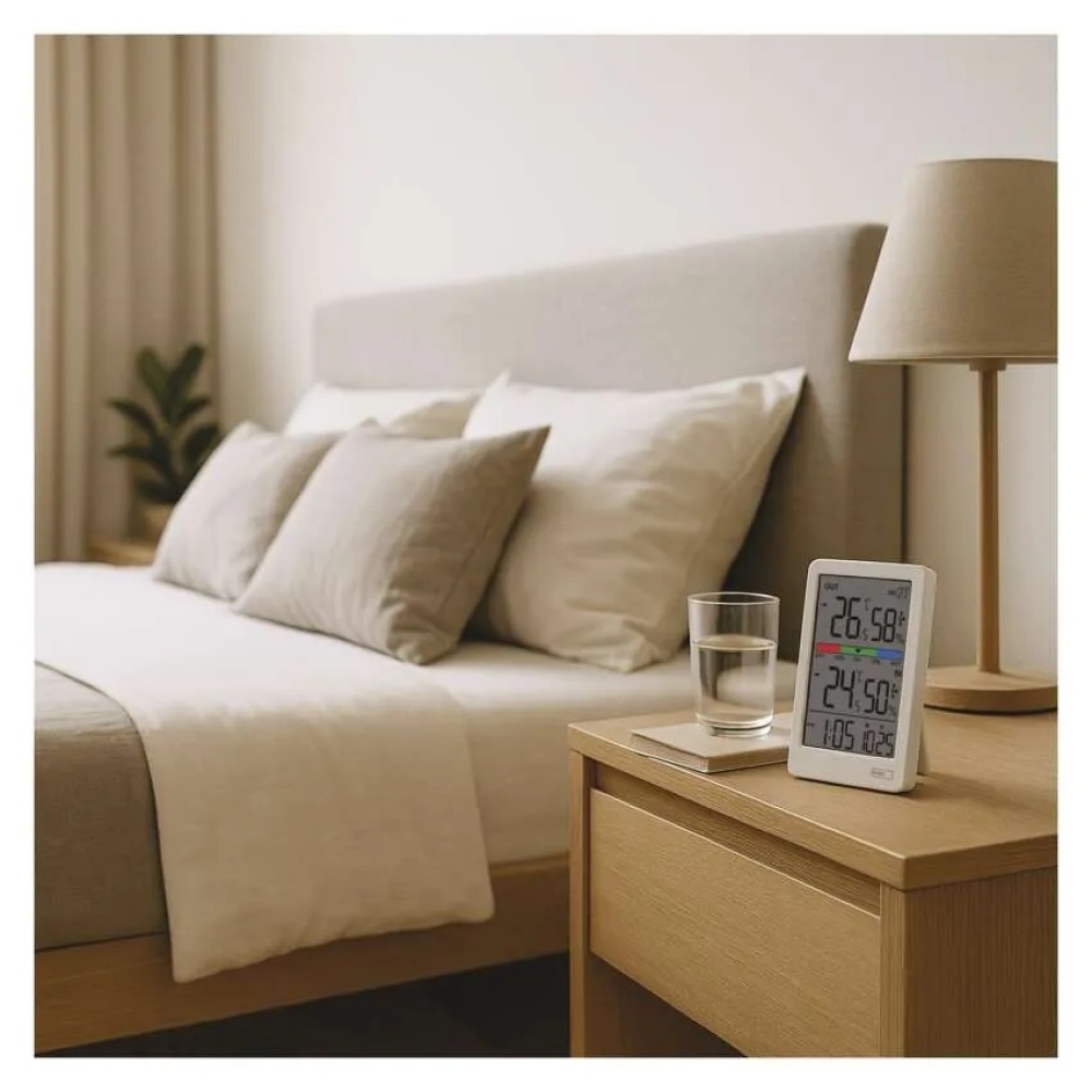 Digitální teploměr s vlhkoměrem, bezdrátové čidlo, budík, datum E0558W