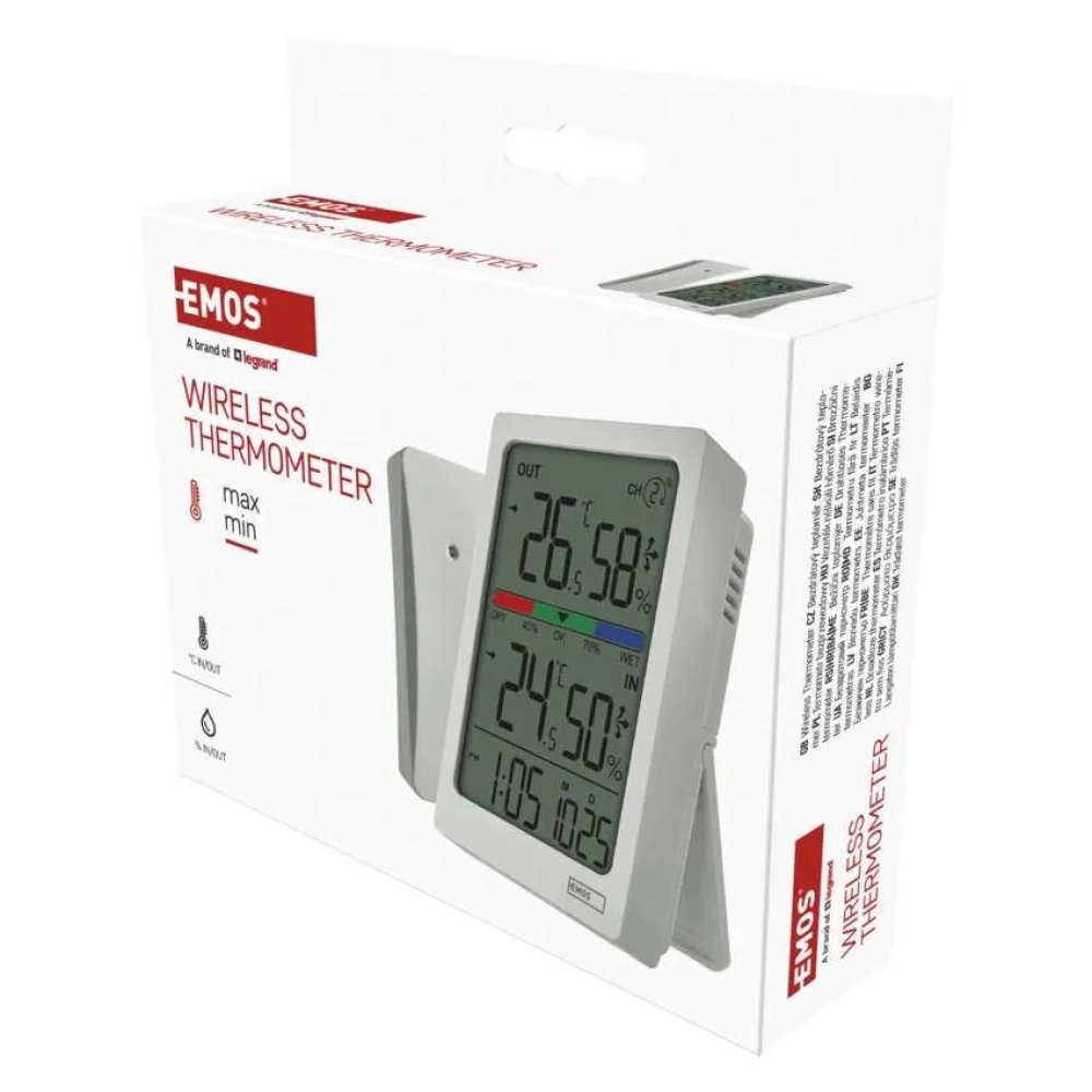 Digitální teploměr s vlhkoměrem, bezdrátové čidlo, budík, datum E0558W