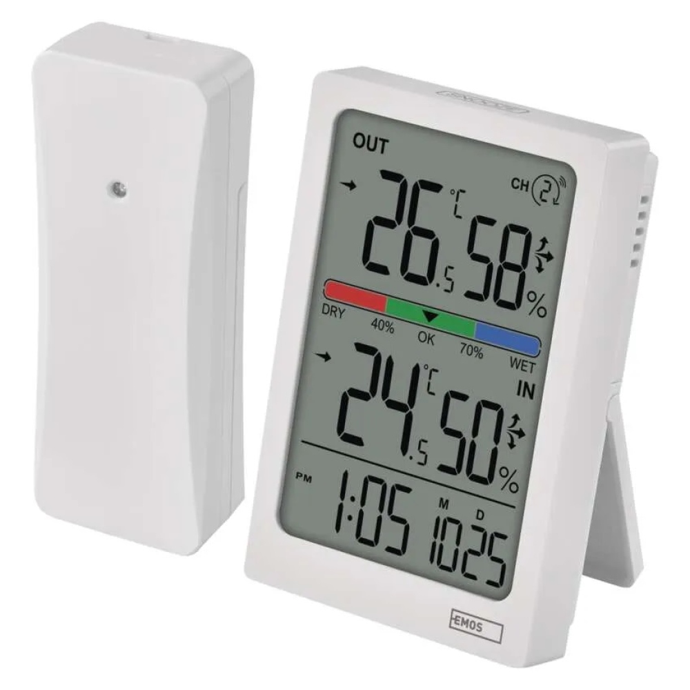 Digitální teploměr s vlhkoměrem, bezdrátové čidlo, budík, datum E0558W