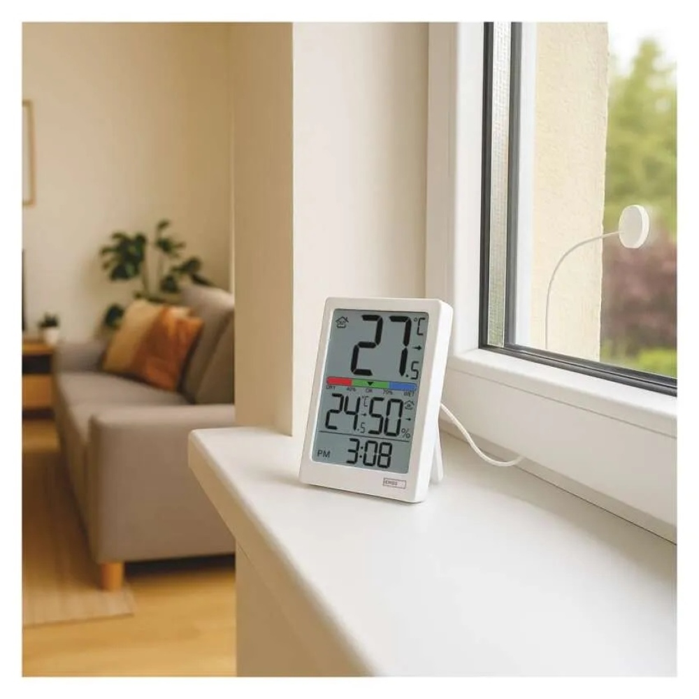 Digitální teploměr s vlhkoměrem, drátové čidlo, budík E0558P