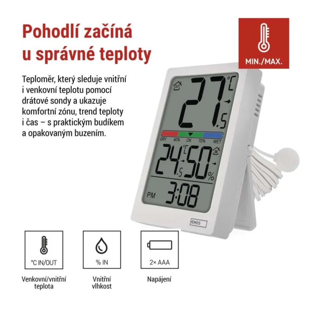 Digitální teploměr s vlhkoměrem, drátové čidlo, budík E0558P