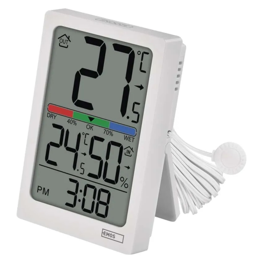 Digitální teploměr s vlhkoměrem, drátové čidlo, budík E0558P