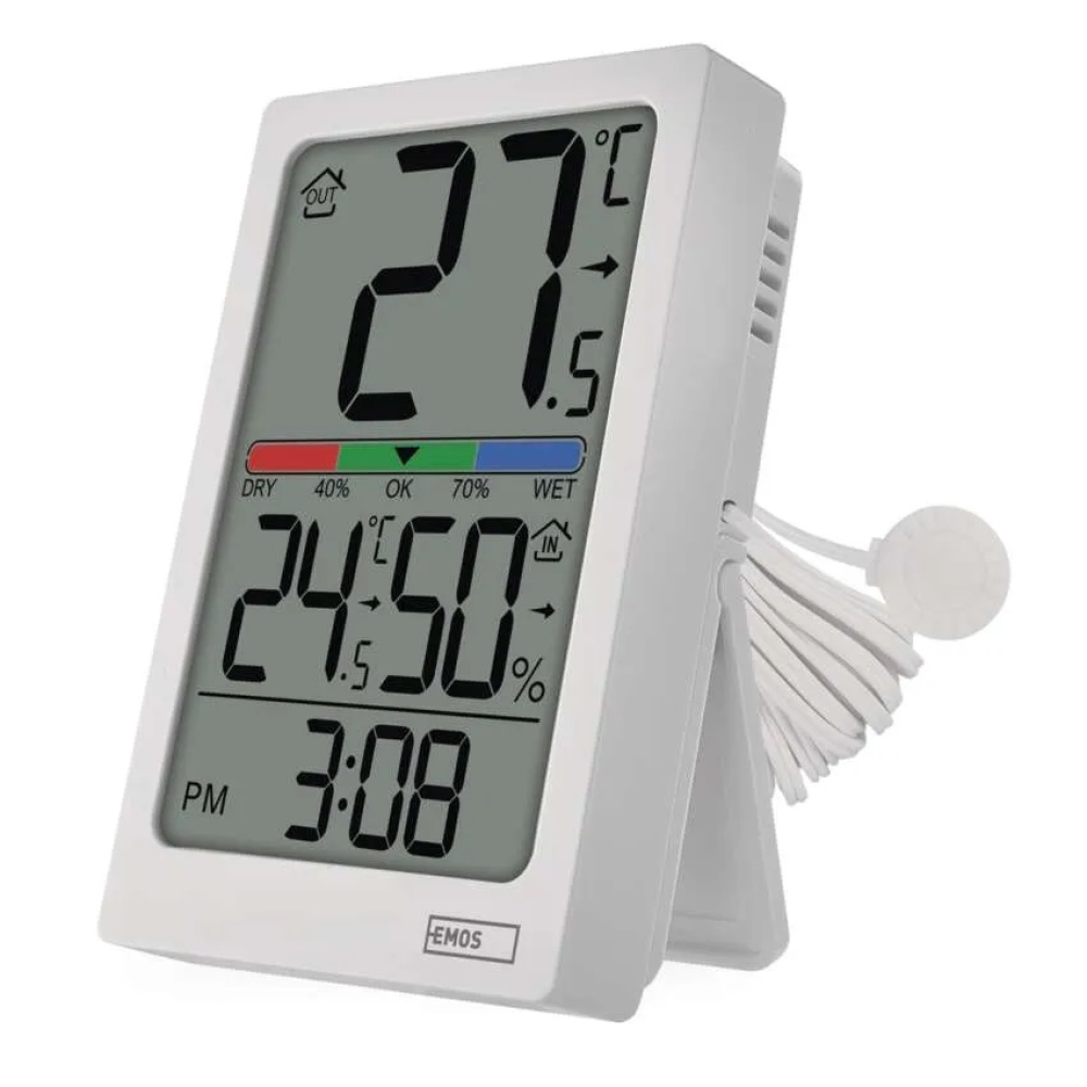 Digitální teploměr s vlhkoměrem, drátové čidlo, budík E0558P