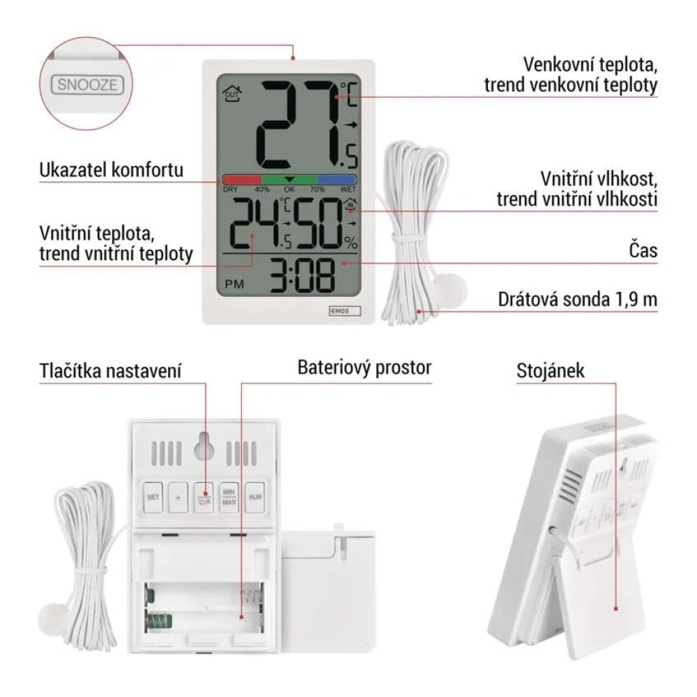 Digitální teploměr s vlhkoměrem, drátové čidlo, budík E0558P