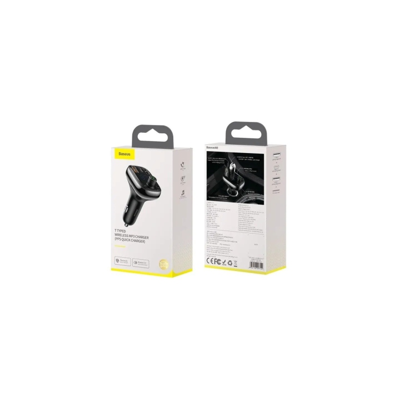 Baseus T Shaped S-13 Nabíječka Do Auta USB-A/USB-A/USB-C a FM Transmitter Black
