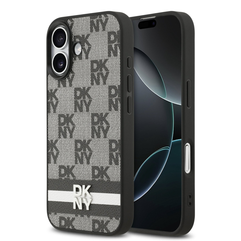 DKNY PU Leather Checkered Pattern and Stripe Zadní Kryt pro iPhone 17 Black