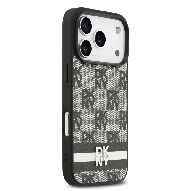 DKNY PU Leather Checkered Pattern and Stripe Zadní Kryt pro iPhone 17 Pro Black