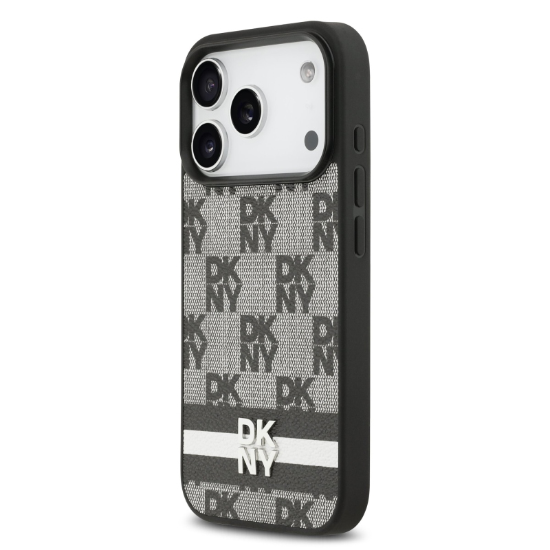 DKNY PU Leather Checkered Pattern and Stripe Zadní Kryt pro iPhone 17 Pro Black
