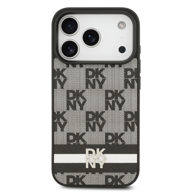 DKNY PU Leather Checkered Pattern and Stripe Zadní Kryt pro iPhone 17 Pro Black