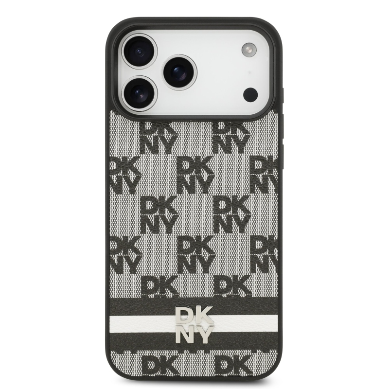 DKNY PU Leather Checkered Pattern and Stripe Zadní Kryt pro iPhone 17 Pro Max Black