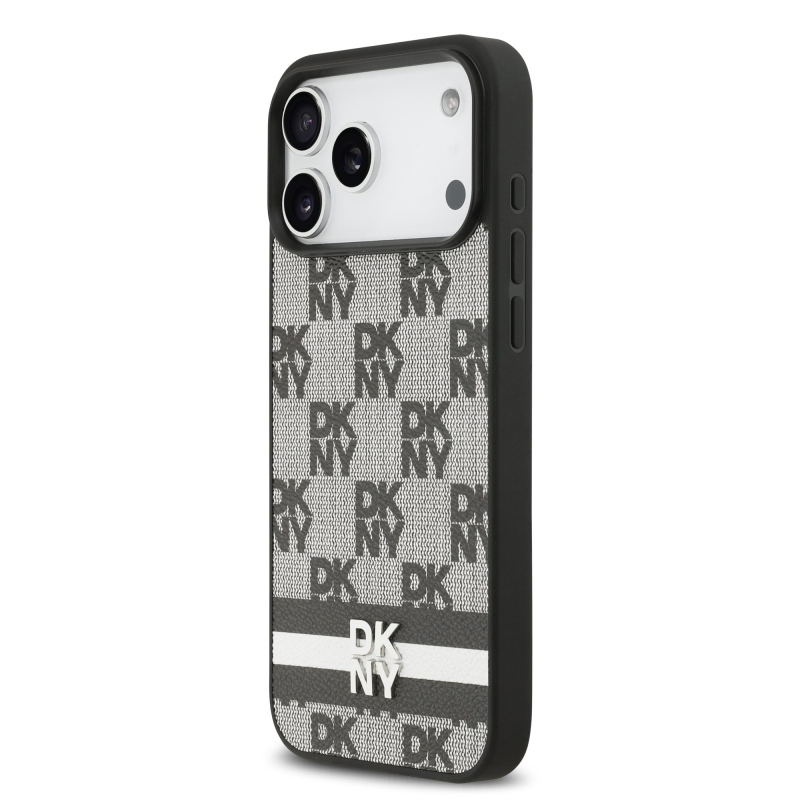 DKNY PU Leather Checkered Pattern and Stripe Zadní Kryt pro iPhone 17 Pro Max Black