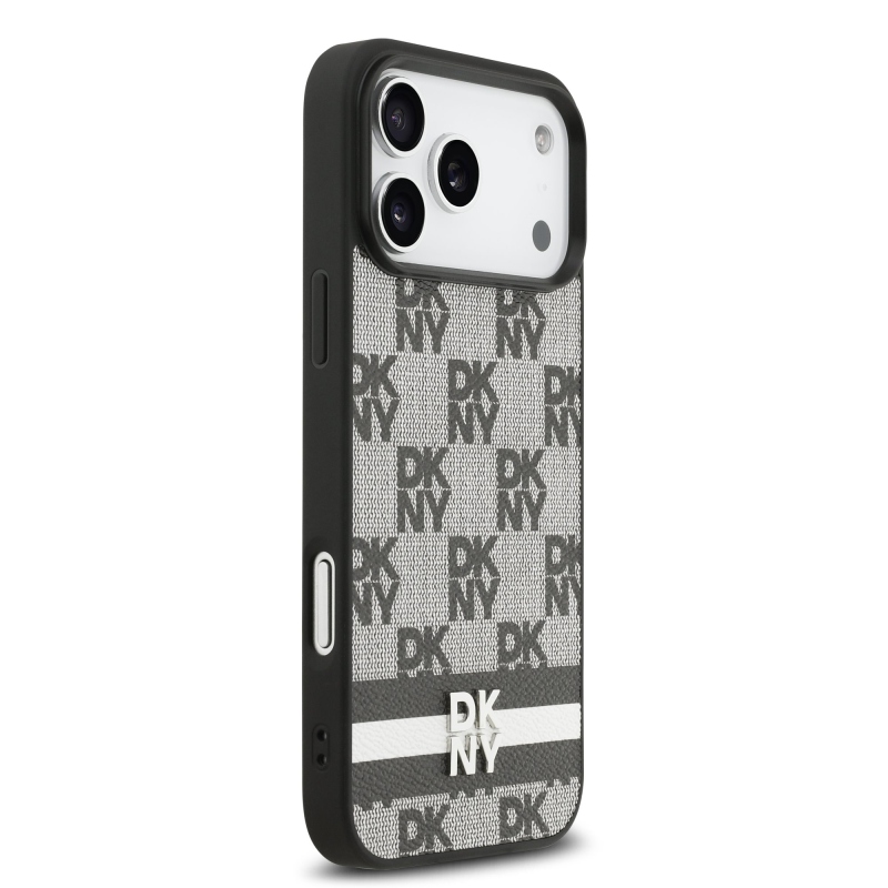 DKNY PU Leather Checkered Pattern and Stripe Zadní Kryt pro iPhone 17 Pro Max Black