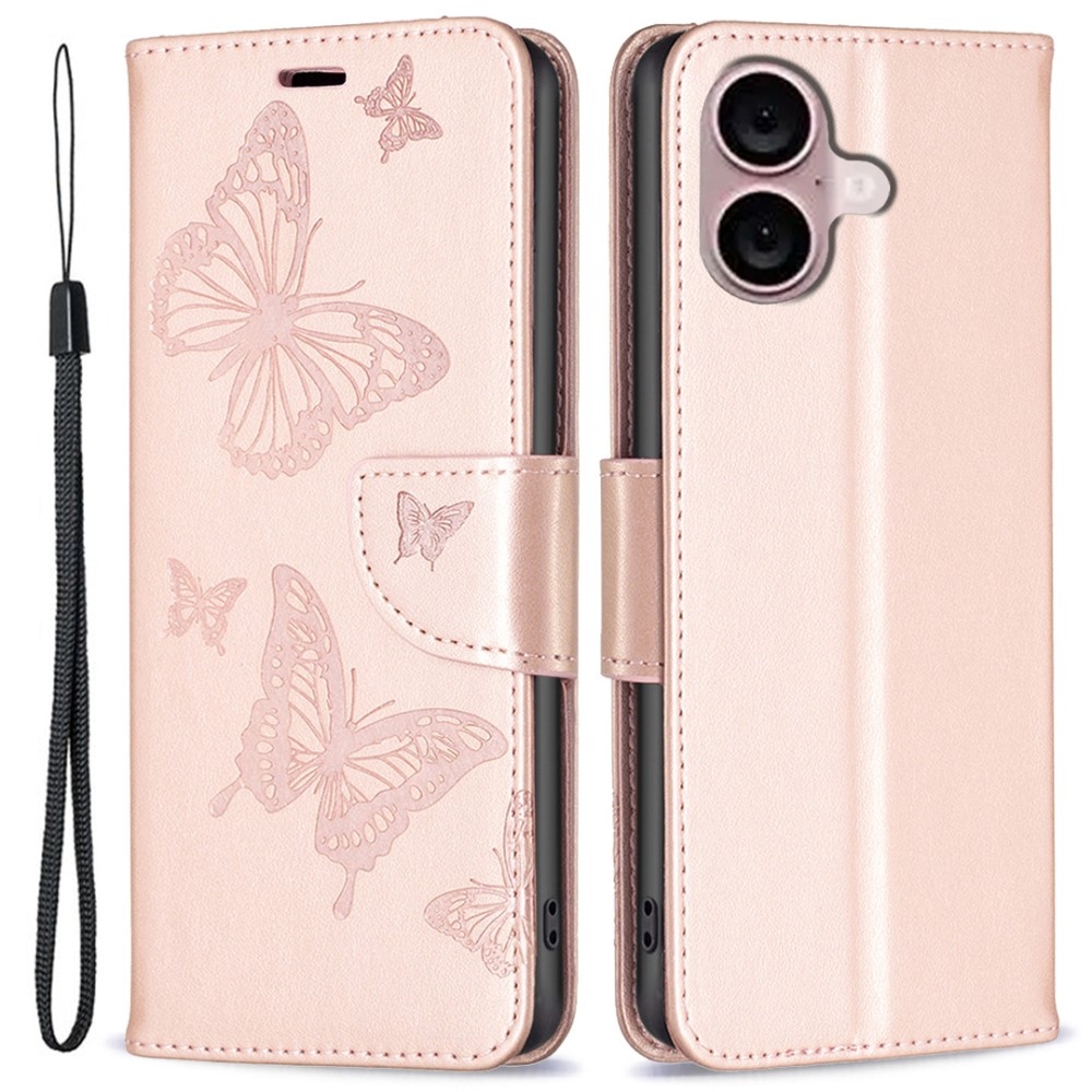 Butterfly knížkové pouzdro na iPhone 16 - růžovozlaté