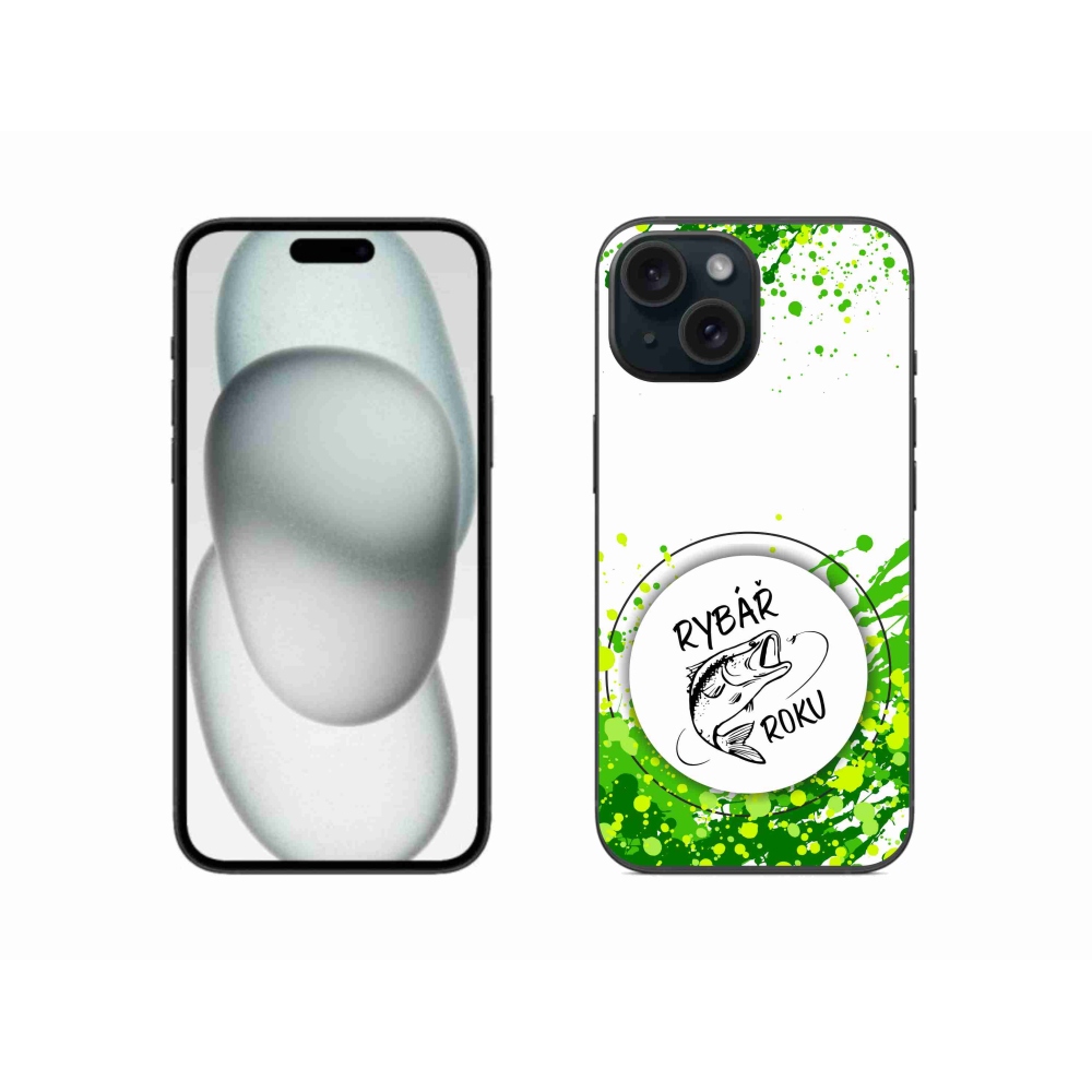 Gelový kryt mmCase na iPhone 15 - rybář roku bílé pozadí