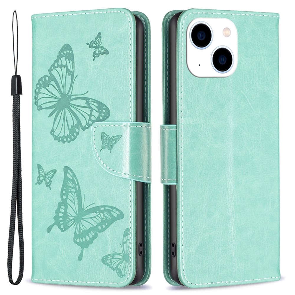 Butterfly knížkové pouzdro na iPhone 15 - modrozelené