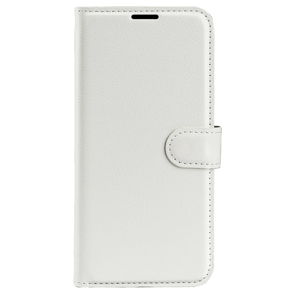 Litchi knížkové pouzdro na iPhone 16 Plus - bílé
