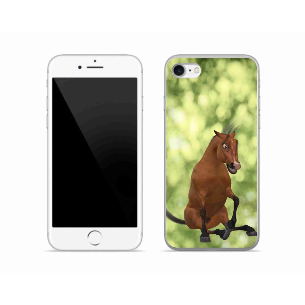 Gelový kryt mmCase na iPhone SE (2020) - hnědý kreslený kůň 1