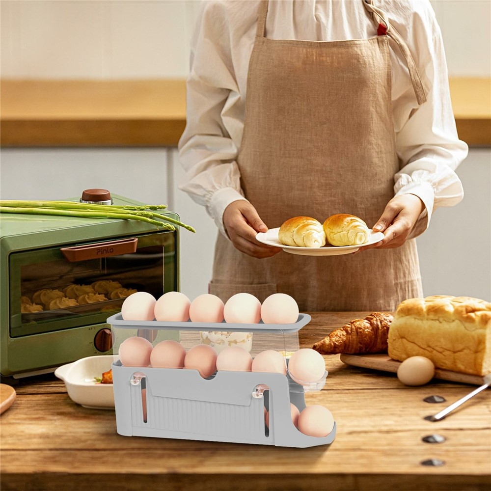 Třípatrový organizér na vejce do lednice s automatickým posuvem – šedý