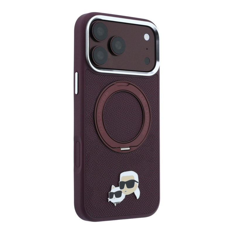 Karl Lagerfeld PU Grained K&CH Heads Ring Stand Magsafe Zadní Kryt pro iPhone 18 Pro Burgundy