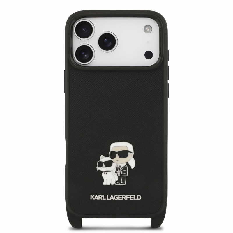 Karl Lagerfeld Saffiano Crossbody Popruh Metal Karl and Choupette Zadní Kryt pro iPhone 18 Pro Max Black