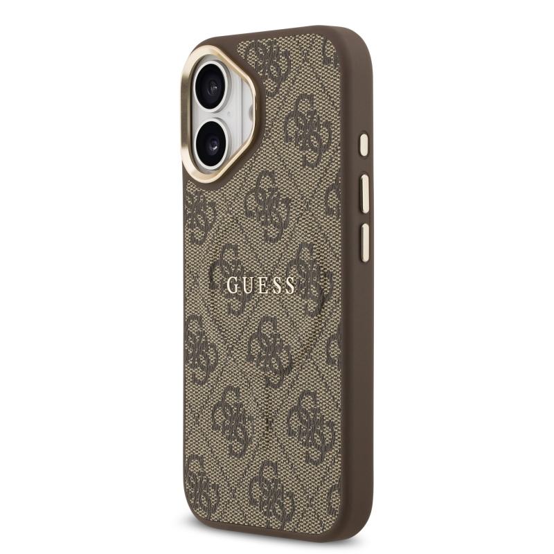 Guess PU Leather 4G Gold Frame MagSafe Zadní Kryt pro iPhone 17 Brown
