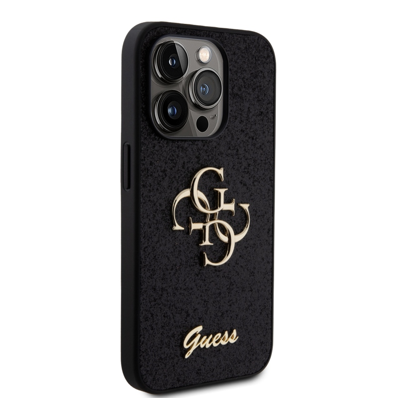 Guess PU Fixed Glitter 4G Metal Logo Zadní Kryt pro iPhone 15 Pro Black