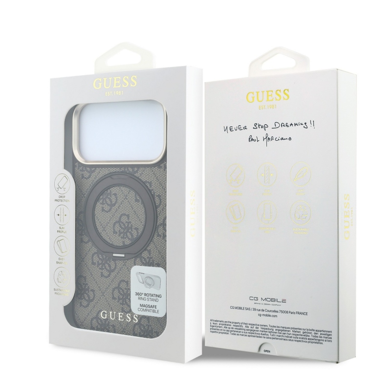 Guess PU 4G Ring Stand MagSafe Zadní Kryt pro iPhone 18 Pro Brown