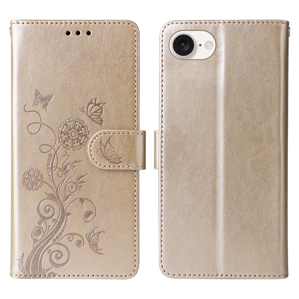 Flowery knížkové pouzdro na iPhone 16e - zlaté