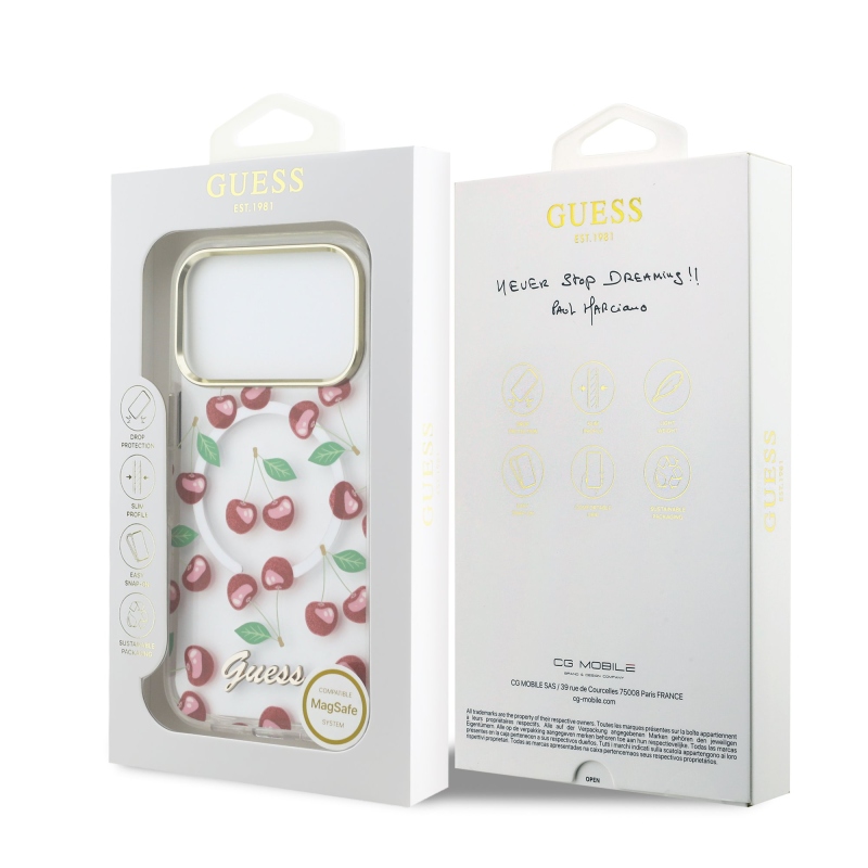 Guess IML Glitter Cherry MagSafe Zadní Kryt pro iPhone 17 Pro