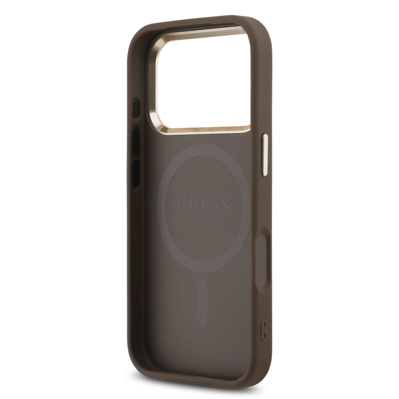 Guess PU Leather 4G Strass Triangle Logo Gold Frame MagSafe Zadní Kryt pro iPhone 17 Pro Brown