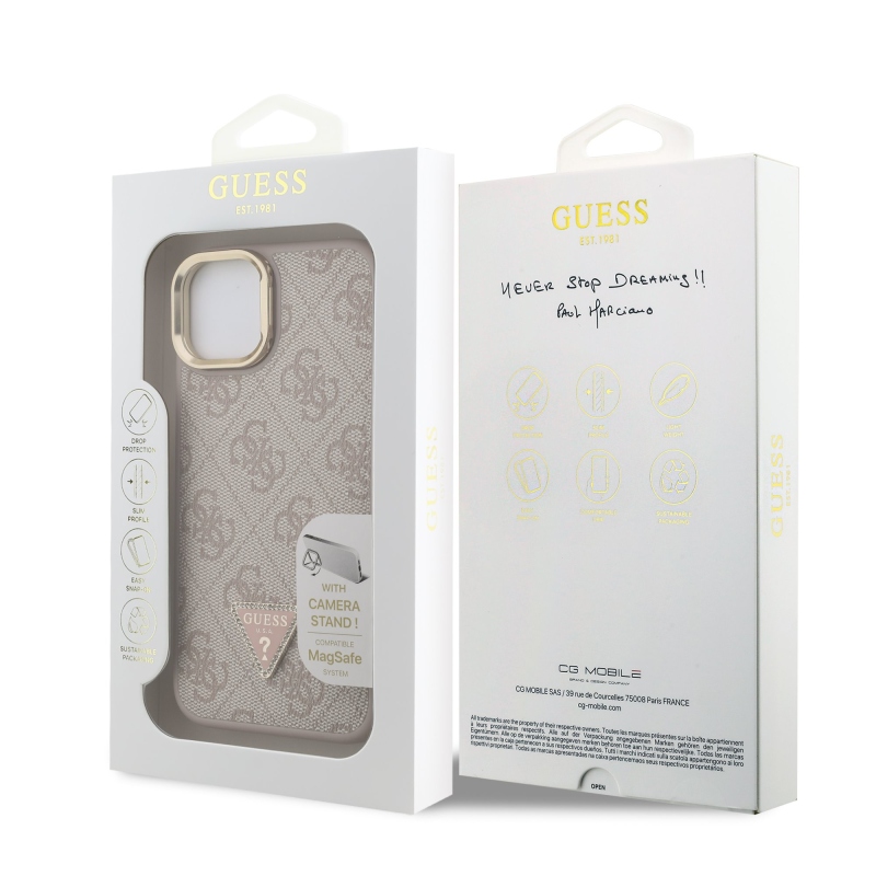 Guess PU 4G Strass Triangle Logo Stand Camera Frame MagSafe Zadní Kryt pro iPhone 14 Pink