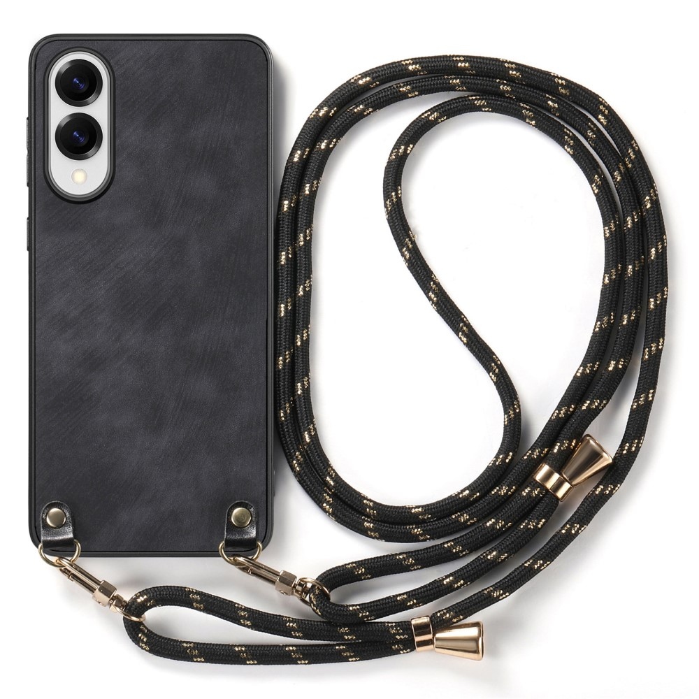 Retro gelový obal se šňůrkou a s umělou kůží na Samsung Galaxy S25 Edge - černý
