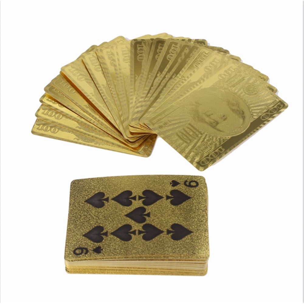 Voděodolné plastové hrací karty 100 dolarů ve zlatém provedení 54 ks