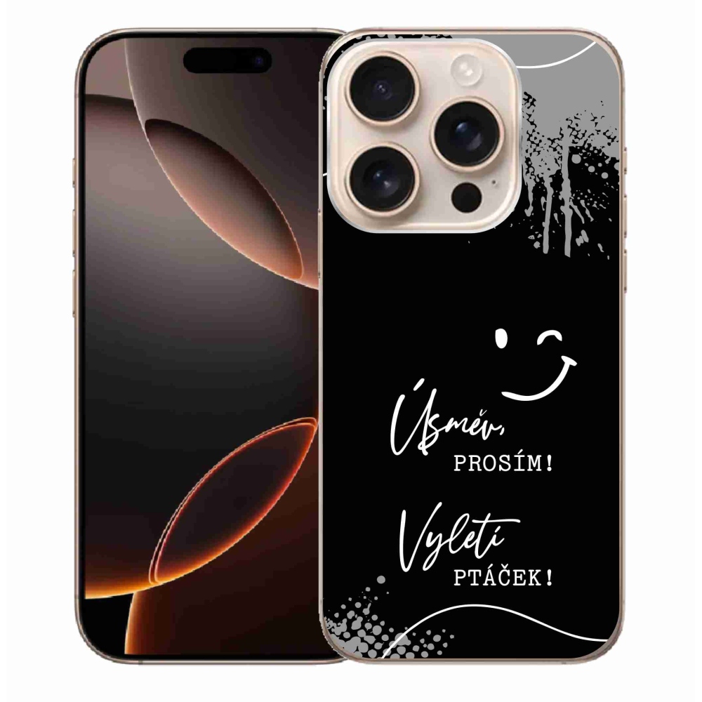 Gelový kryt mmCase na iPhone 16 Pro Max - vtipný text 4 černé pozadí