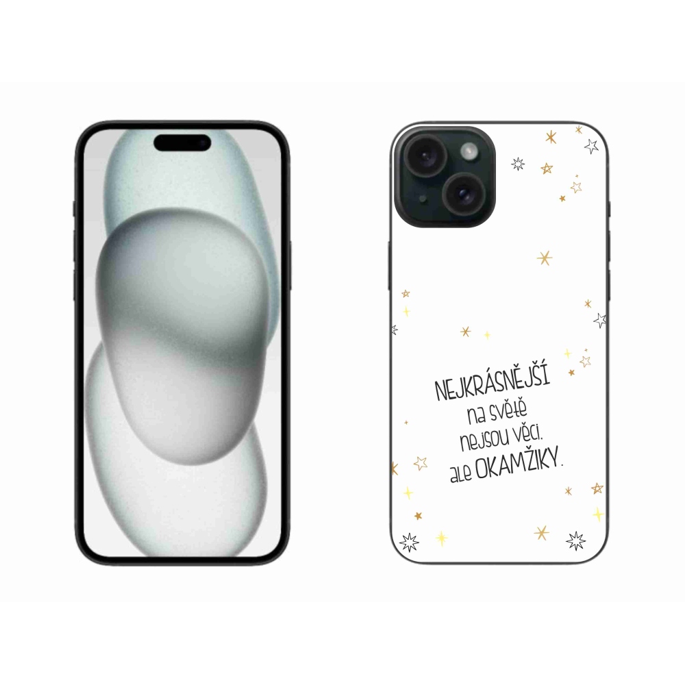 Gelový kryt mmCase na iPhone 15 Plus - citát 4 bílé pozadí