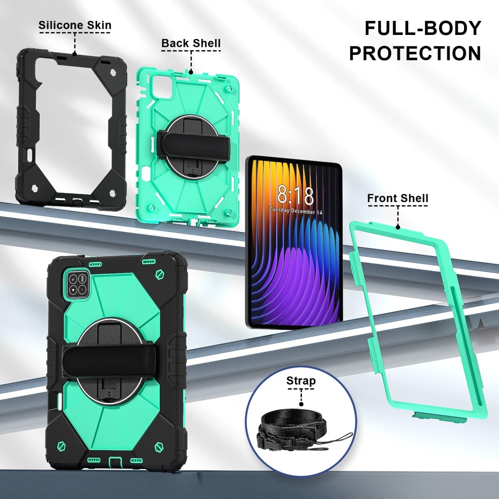 Strap odolný kryt s držákem na ruku a ramenním popruhem na Xiaomi Pad 7/7 Pro - černý/modrozelený