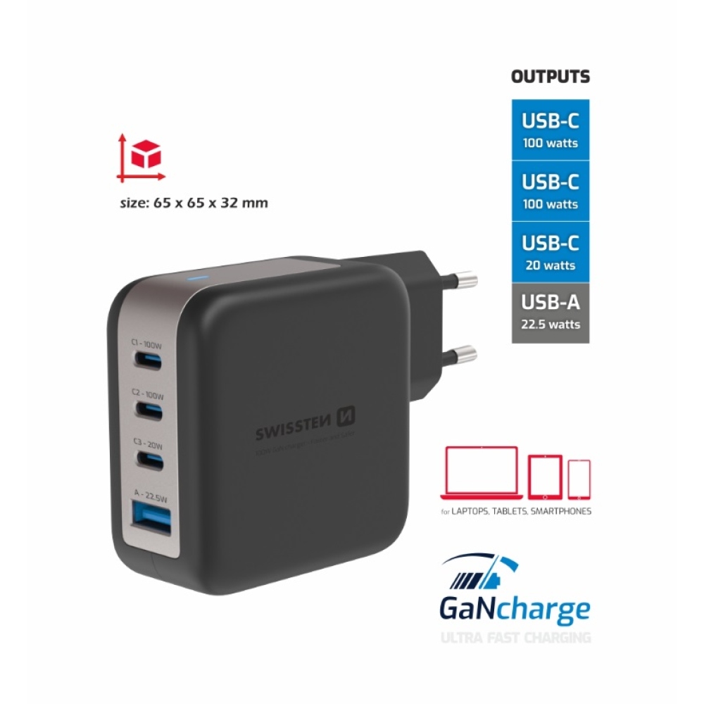 Síťový adaptér Swissten GaN 3x USB-C 100W PD + 1x USB-A 18W QC - černý