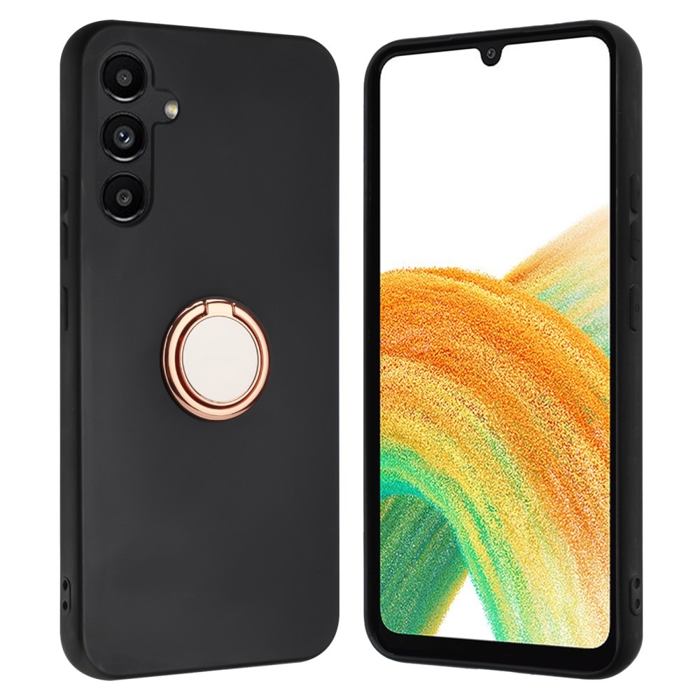 Matný gelový obal s kroužkem na prst na Samsung Galaxy M15 5G - černý/růžovozlatý