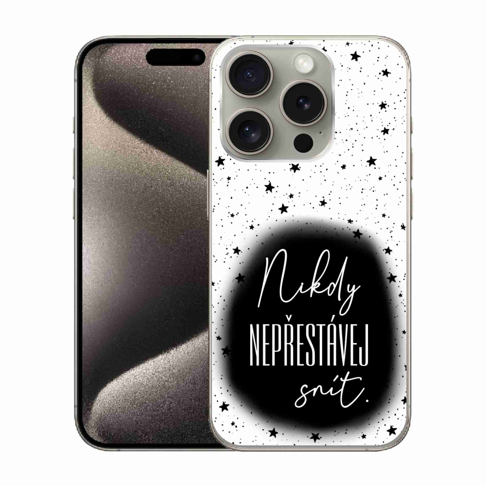 Gelový kryt mmCase na iPhone 15 Pro - citát 1 černobílé pozadí