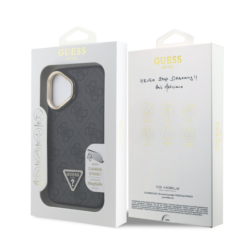 Guess PU 4G Strass Triangle Logo Stand Camera Frame MagSafe Zadní Kryt pro iPhone 16 Black