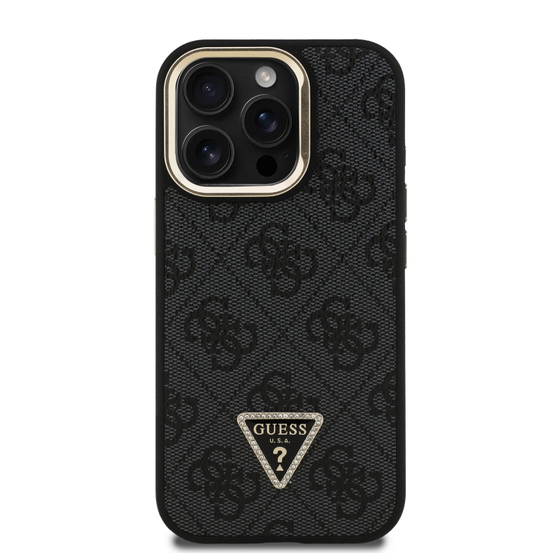 Guess PU 4G Strass Triangle Logo Stand Camera Frame MagSafe Zadní Kryt pro iPhone 15 Pro Black