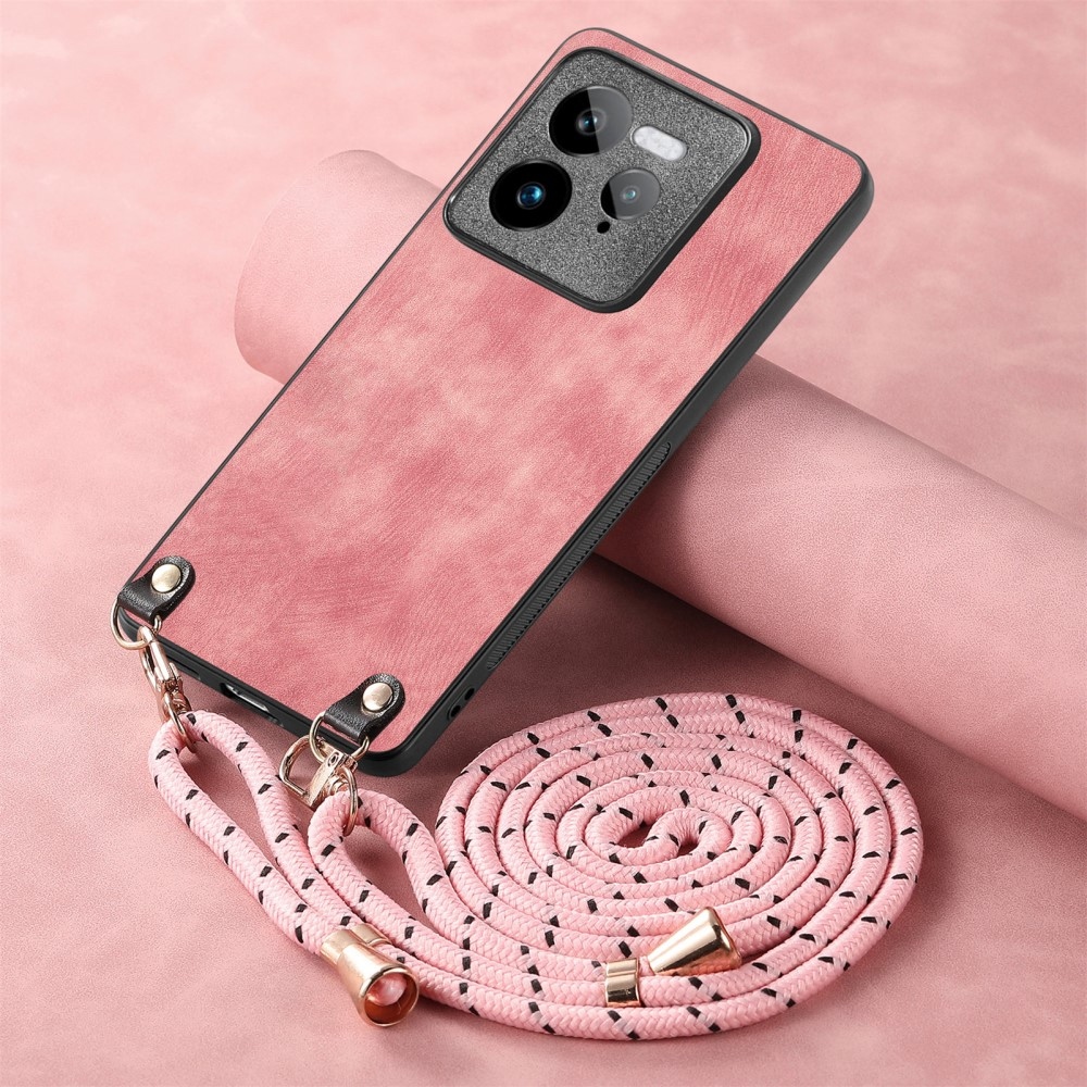 Retro gelový obal se šňůrkou a s umělou kůží na Realme GT 7 Pro 5G - růžový