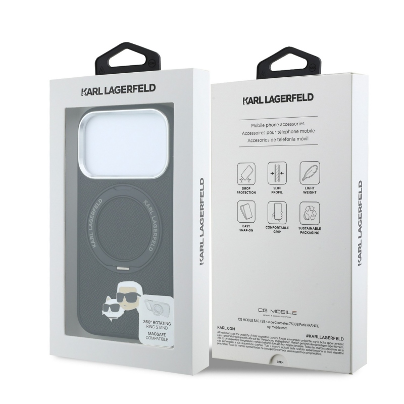 Karl Lagerfeld PU Grained K&CH Heads Ring Stand Magsafe Zadní Kryt pro iPhone 18 Pro Black